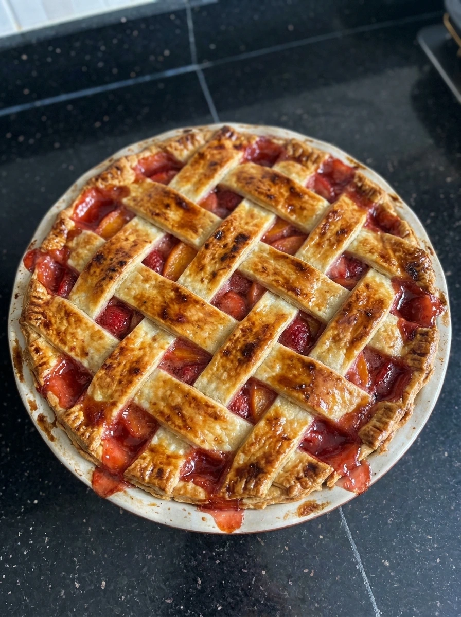 Golden baked Strawberry Peach Pie