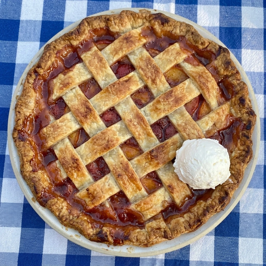 Homemade Strawberry Peach Pie with flaky crust and bubbling fruit filling