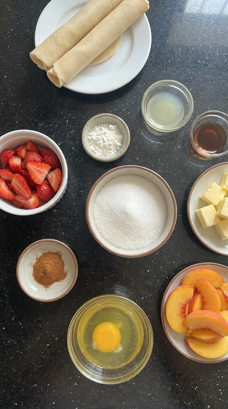 Ingredients for Strawberry Peach Pie in separate containers