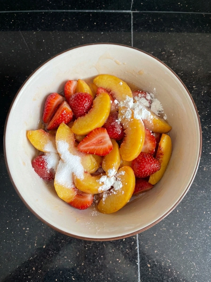 Strawberries and peaches mixed with sugar in bowl