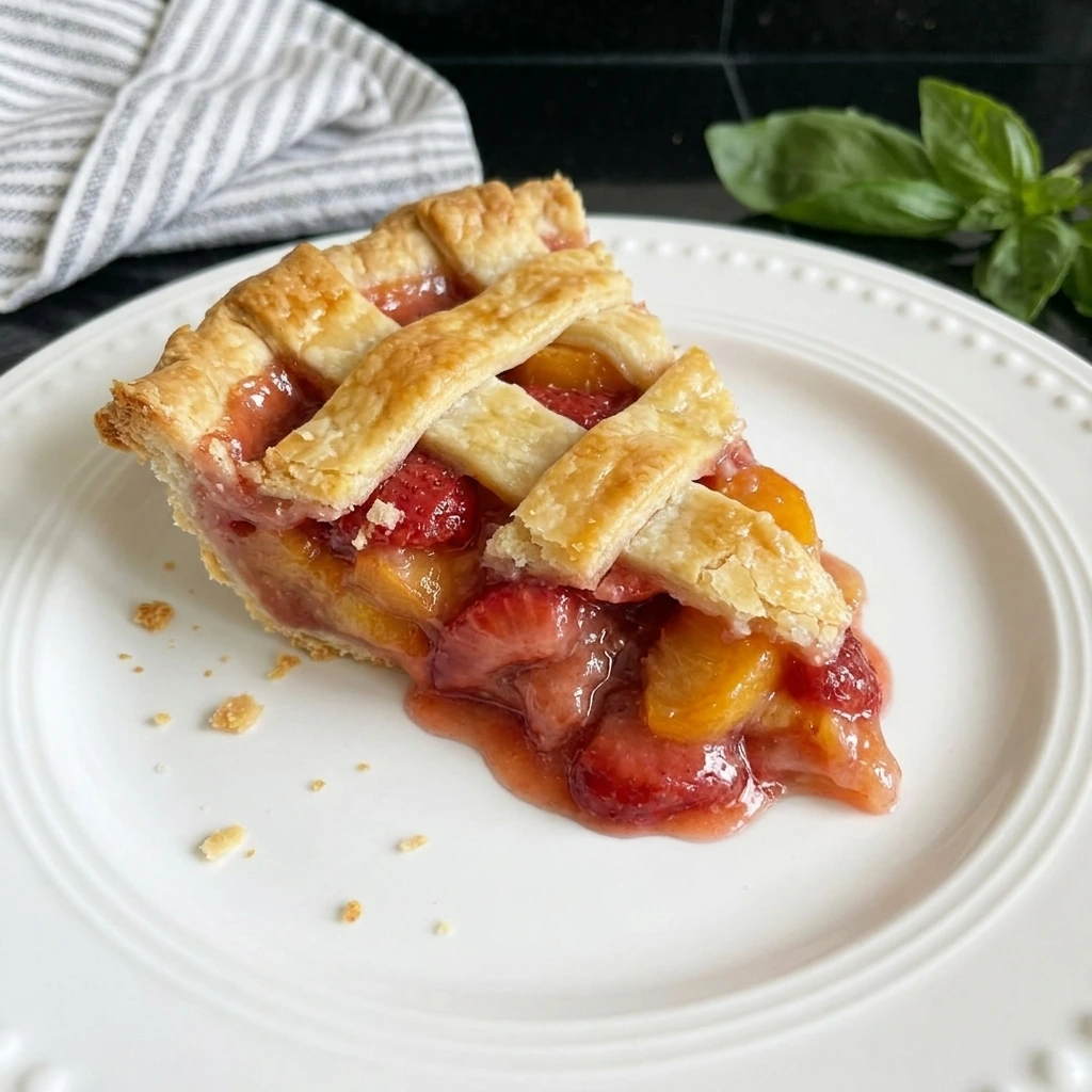 Slice of Strawberry Peach Pie on white plate
