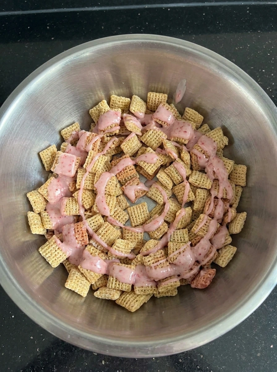 Cereal coated in strawberry chocolate mixture