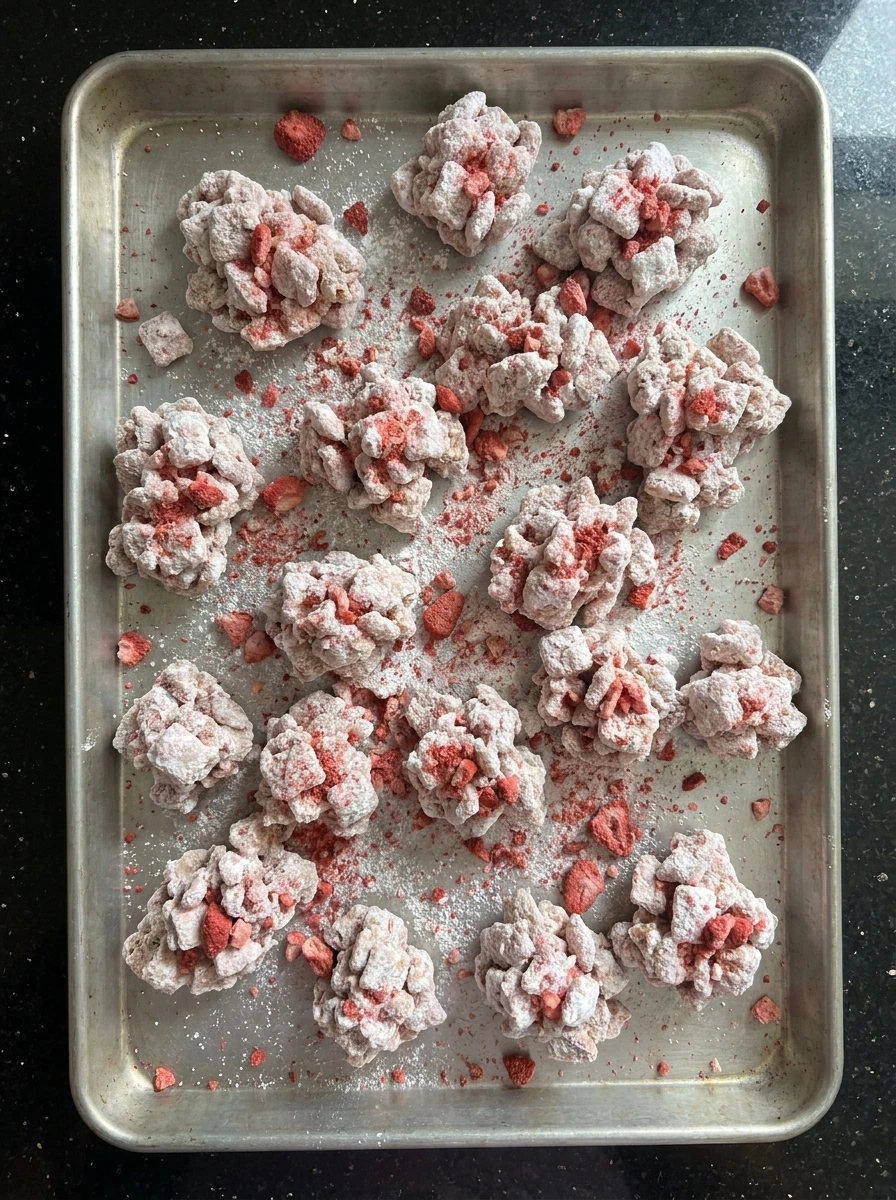 Cooling Strawberry Puppy Chow on a tray