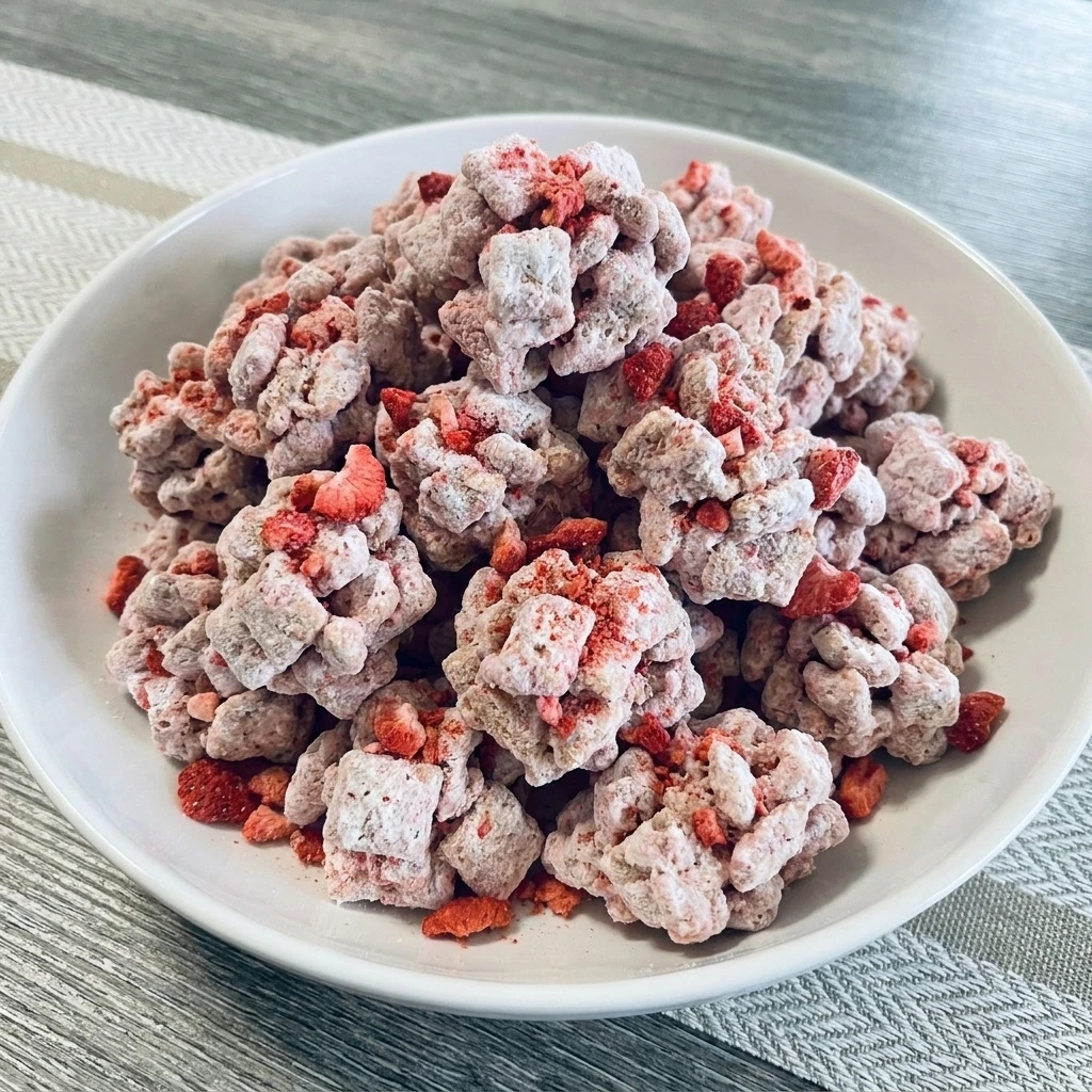 Strawberry Puppy Chow in a serving bowl with pink coating and powdered sugar