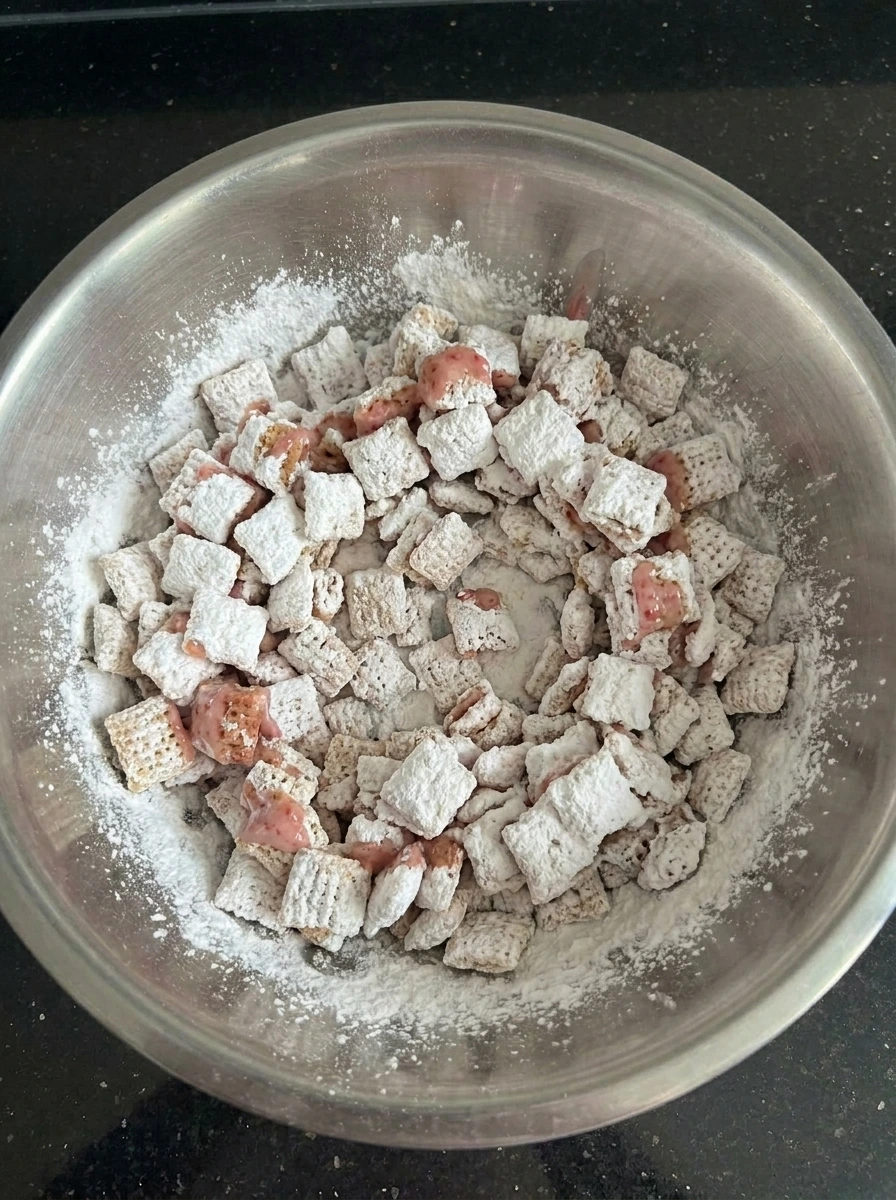 Strawberry puppy chow coated with powdered sugar
