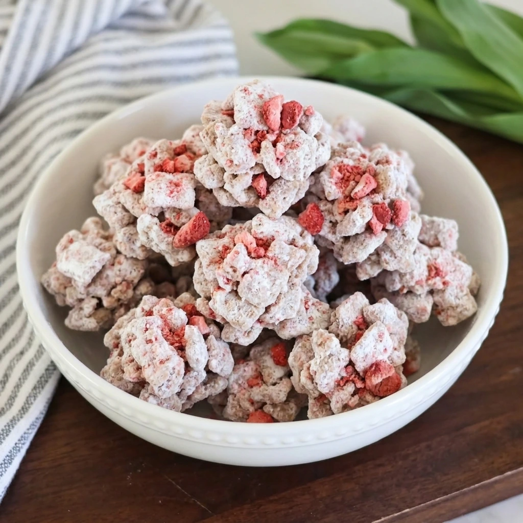 Served Strawberry Puppy Chow in a bowl