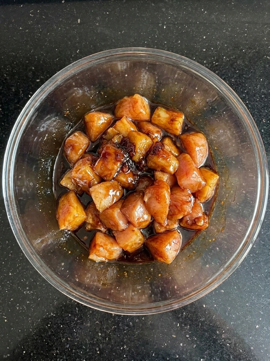 Chicken coated with teriyaki sauce