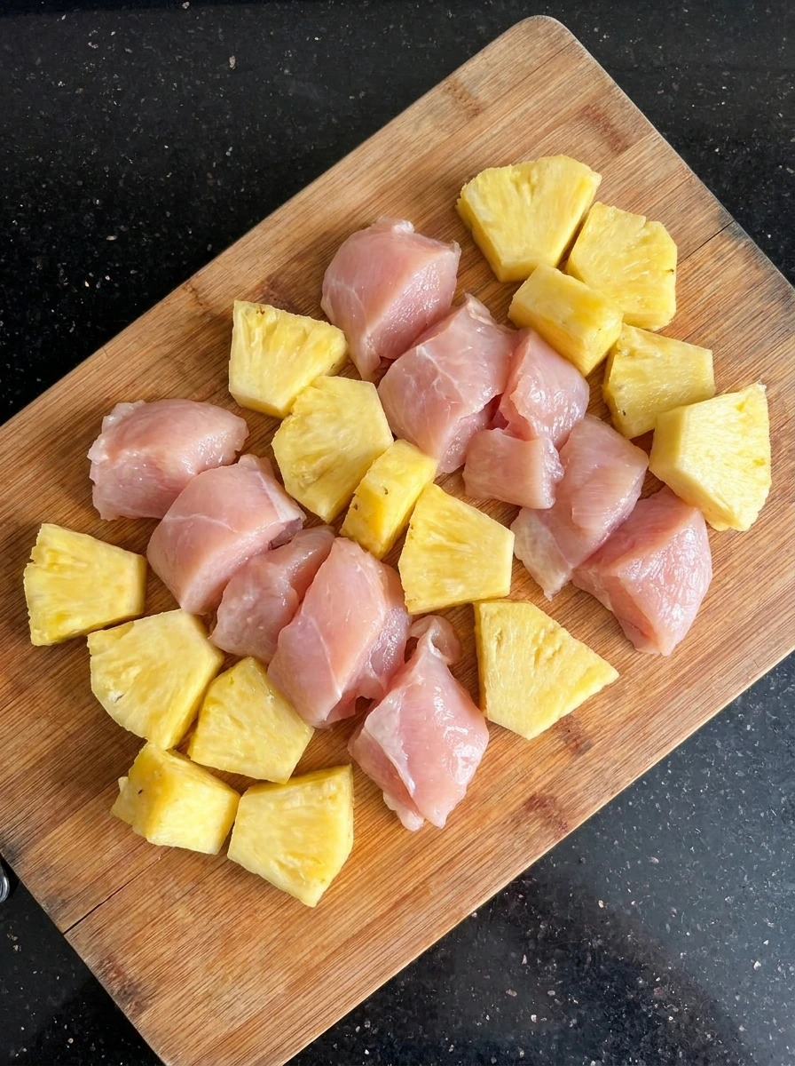 Cut chicken and pineapple pieces
