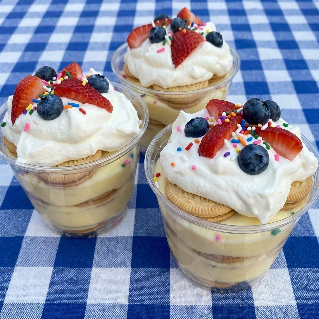 Finished vanilla pudding dessert cups with berries and sprinkles.