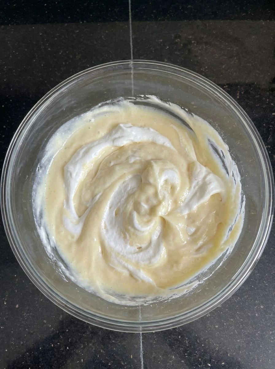 Whipped topping folded into vanilla pudding.