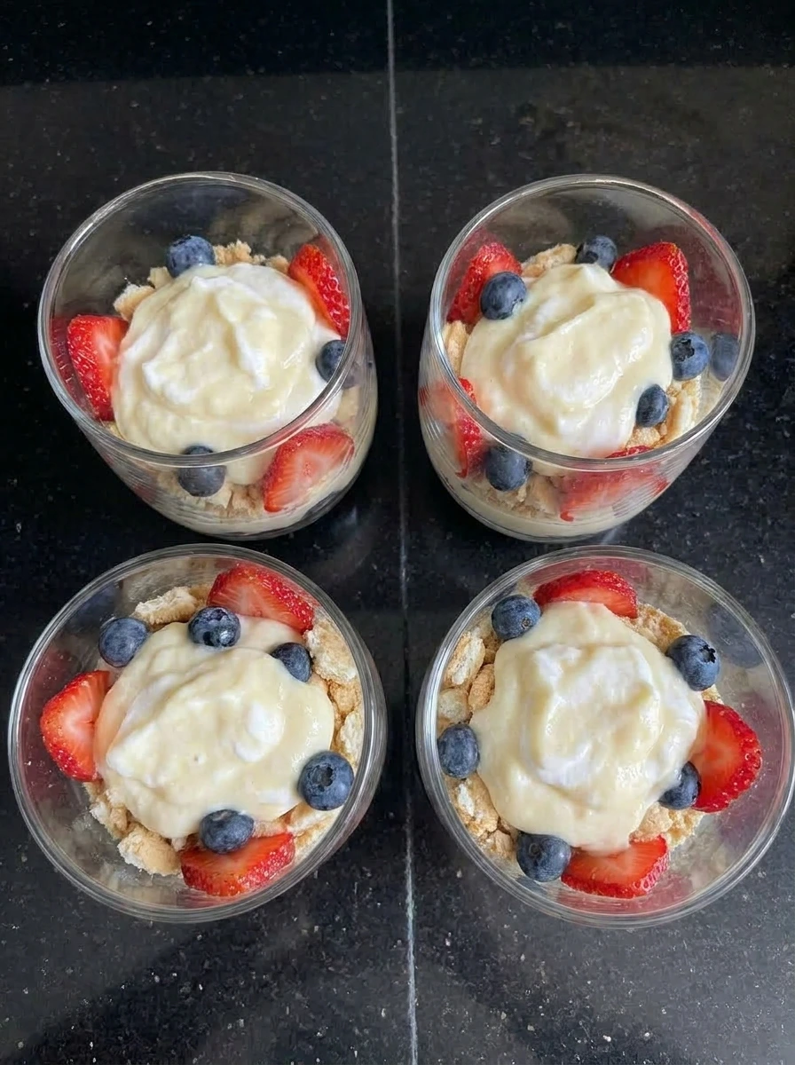 Layered vanilla pudding dessert cups with berries.