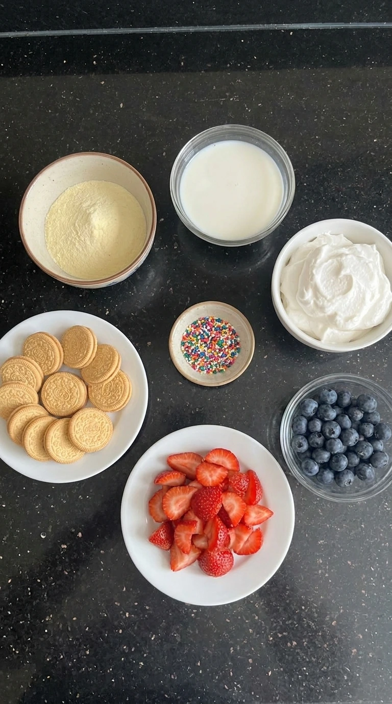 Ingredients for vanilla pudding dessert cups in separate bowls.
