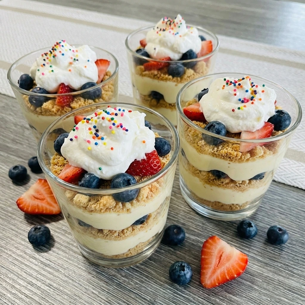 Vanilla pudding dessert cups layered with cookies and berries.