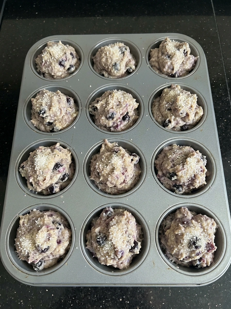 Muffin tin filled with Bakery Style Huckleberry Muffins batter