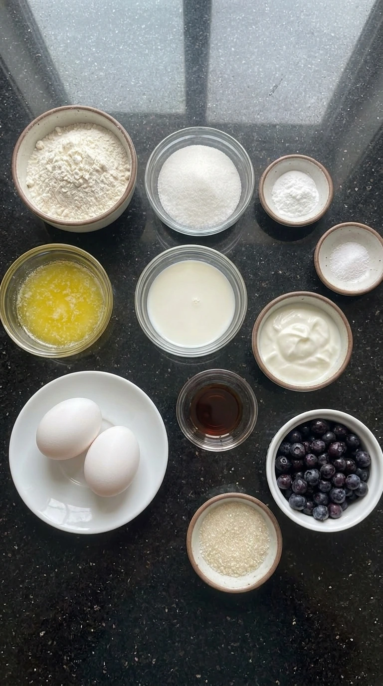 Ingredients for Bakery Style Huckleberry Muffins in separate bowls