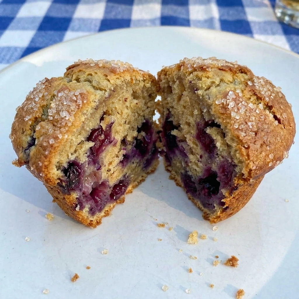 Split Bakery Style Huckleberry Muffin showing soft crumb and berries