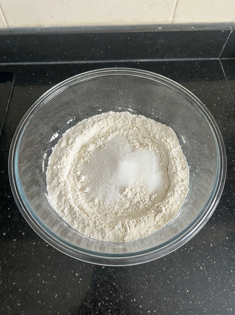 Dry base for Bakery Style Huckleberry Muffins mixed in a bowl