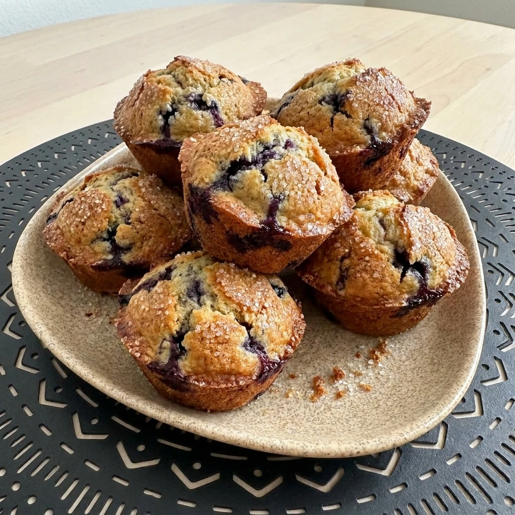 Bakery Style Huckleberry Muffins with golden tops and juicy berries