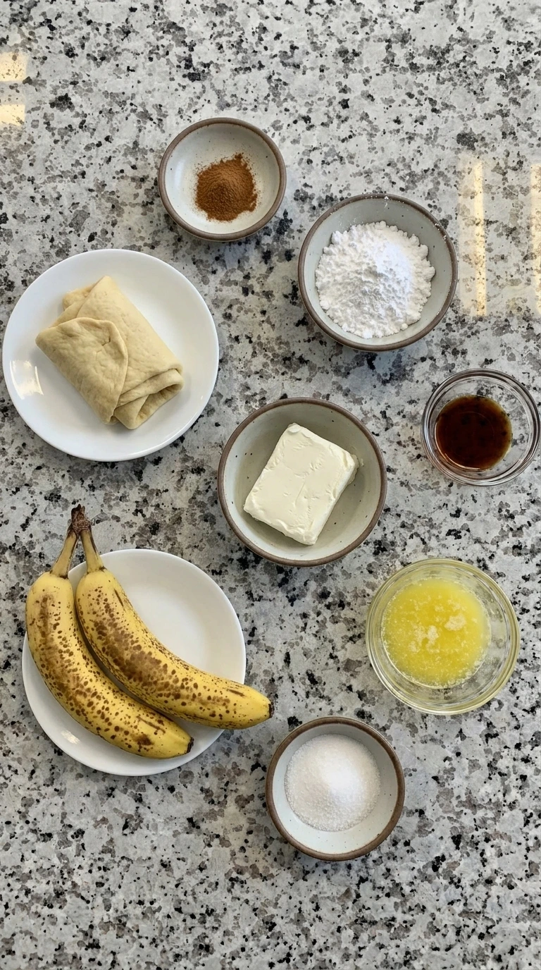 Ingredients for Banana Cream Cheese Bites in separate bowls