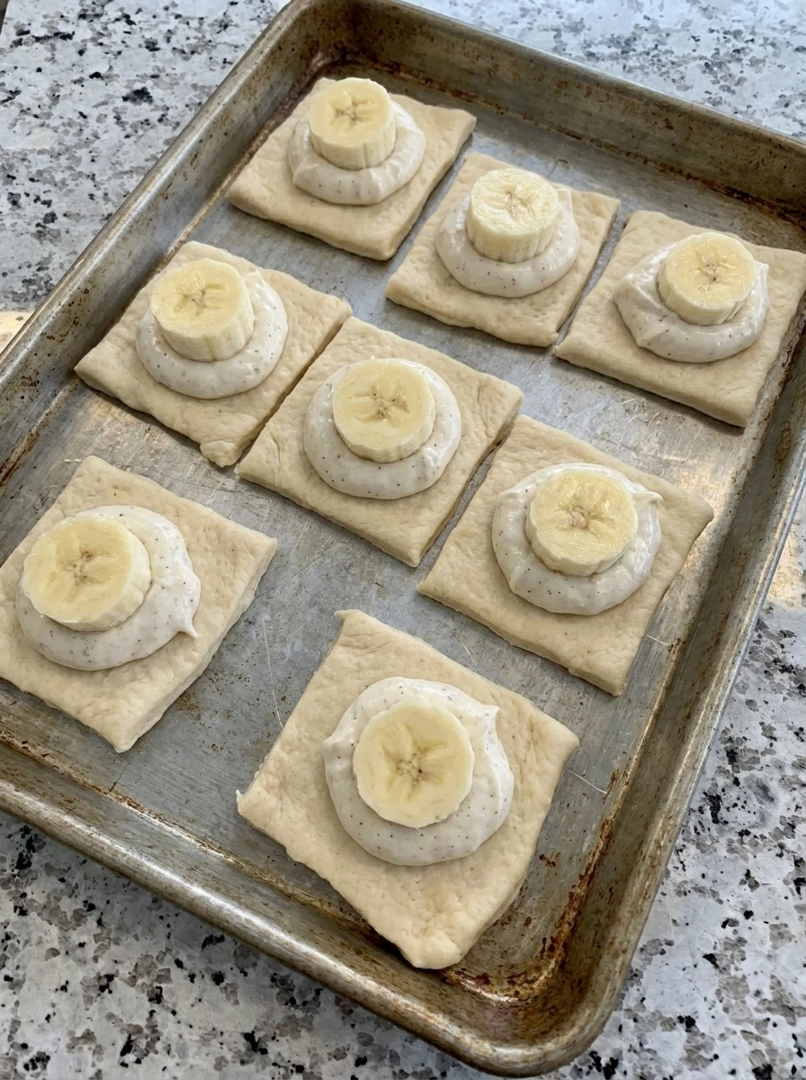 Banana slices layered with cream cheese on dough squares
