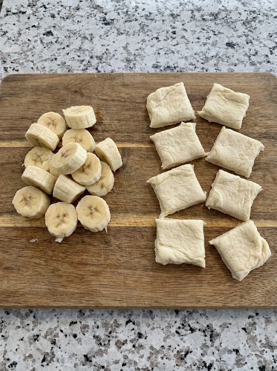 Bananas sliced with crescent dough squares for Banana Cream Cheese Bites