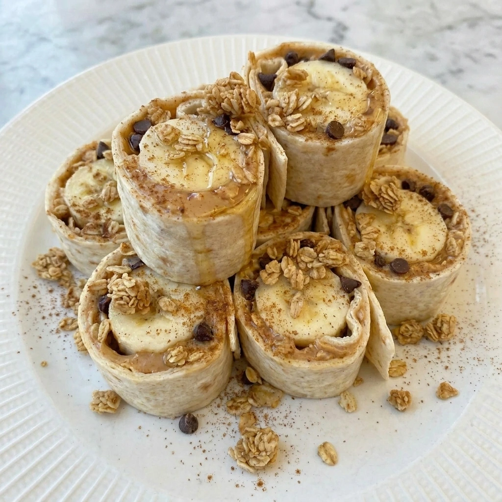 Banana Peanut Butter Roll-Ups sliced on a white plate with peanut butter and banana centers