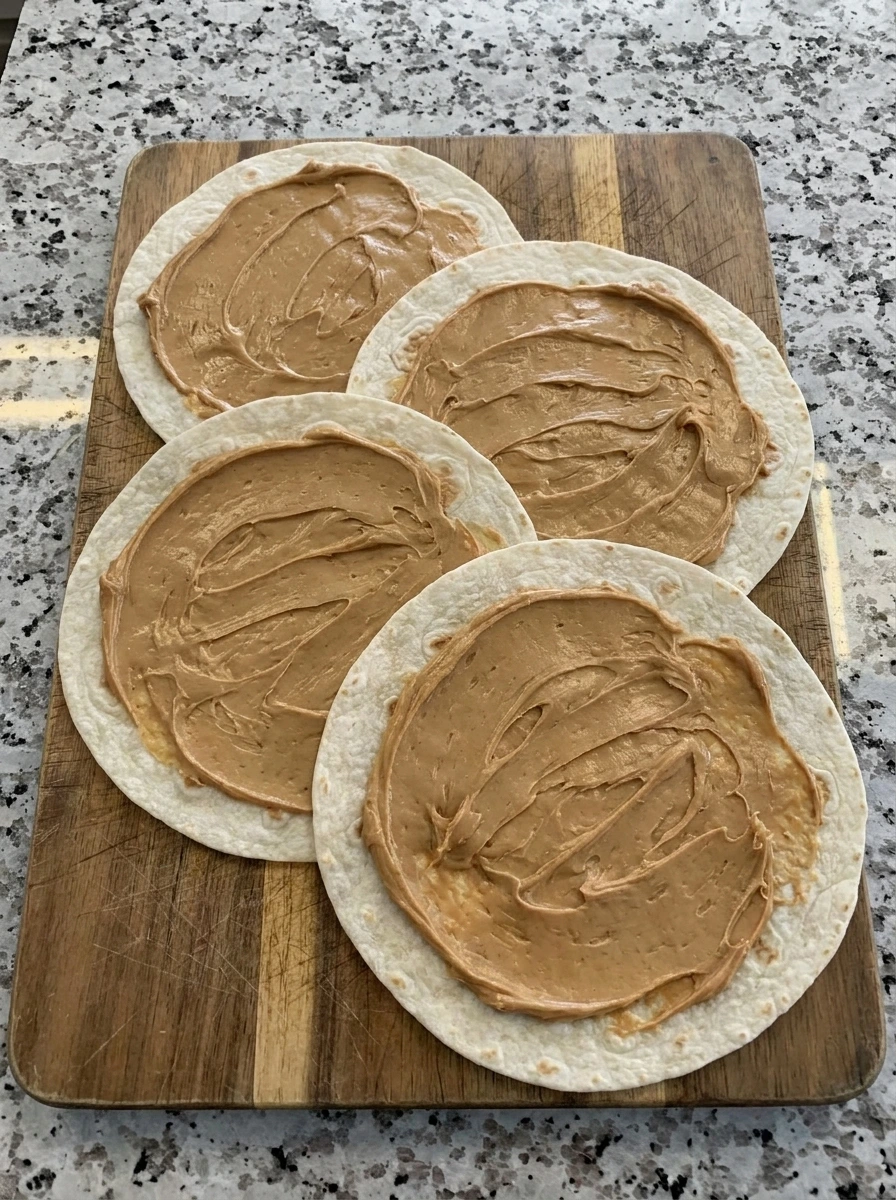Peanut butter spread on tortillas for Banana Peanut Butter Roll-Ups