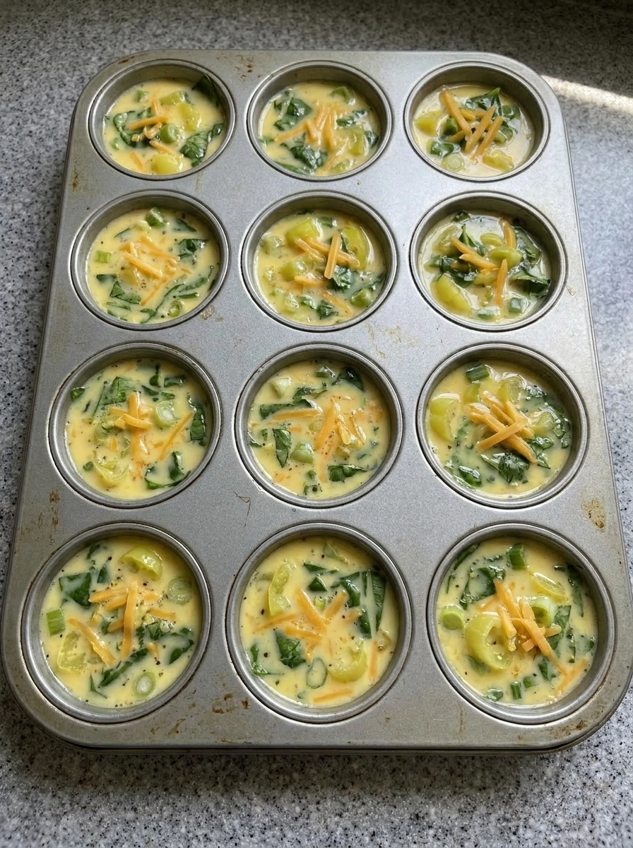 Muffin tin filled with Banana Pepper Egg Bites mixture