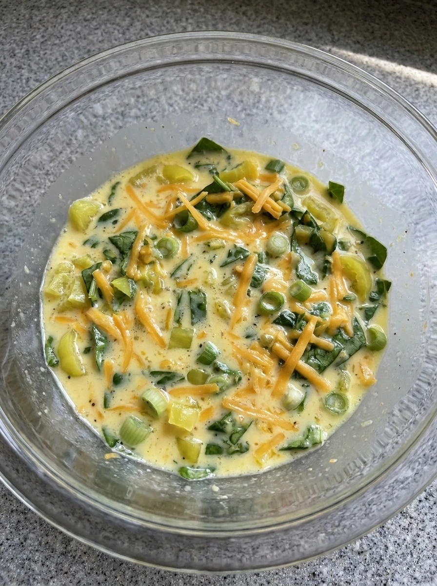 Vegetables and cheese folded into Banana Pepper Egg Bites mixture