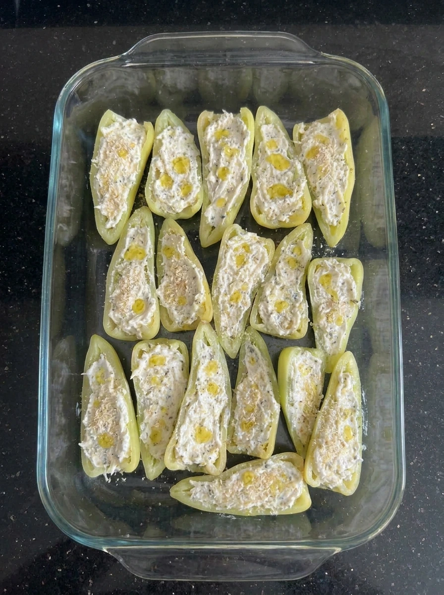 banana peppers topped with breadcrumbs before baking