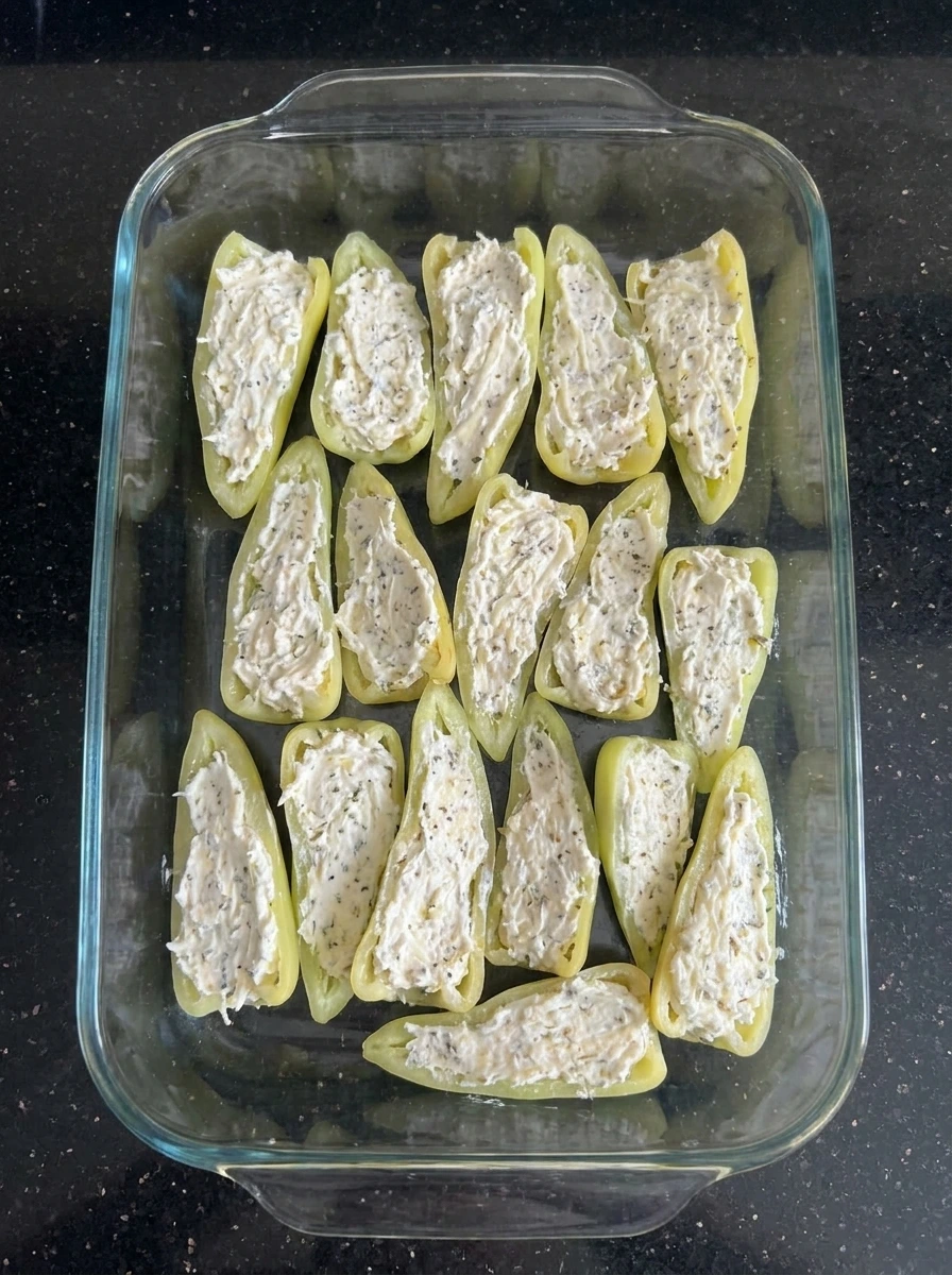 filled banana pepper halves before baking