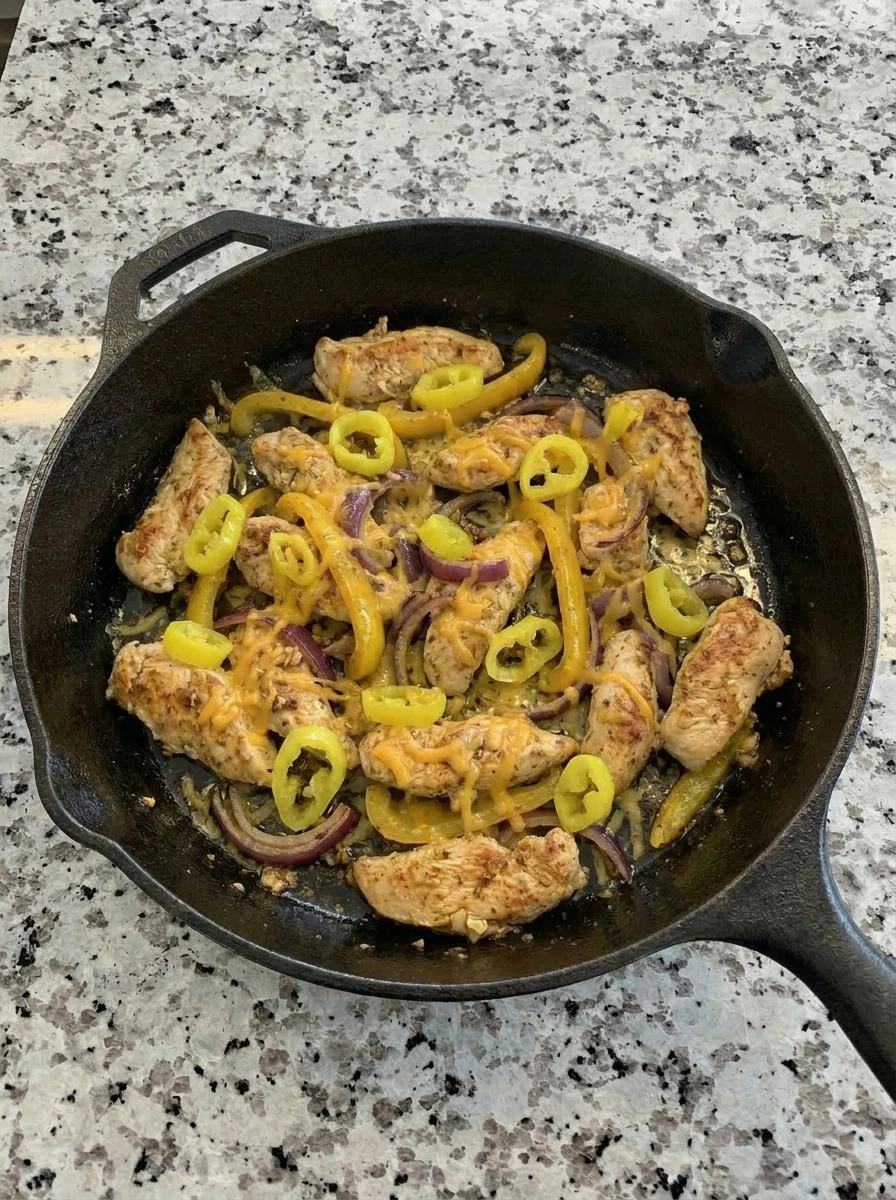 Banana peppers and melted cheese folded into chicken for rice bowls