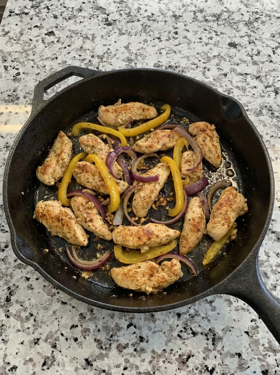 Browned chicken and peppers for Banana Pepper Rice Bowls