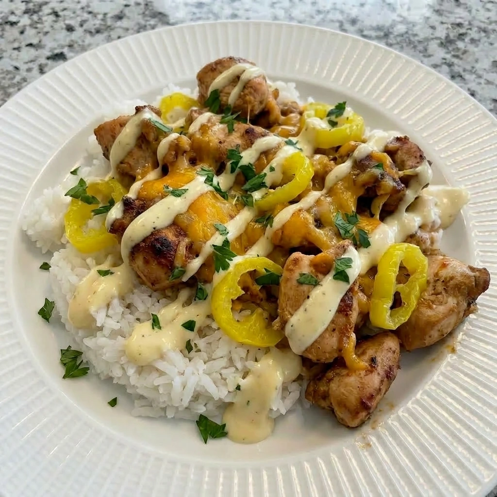 Banana Pepper Rice Bowls with chicken rice melted cheese and tangy peppers