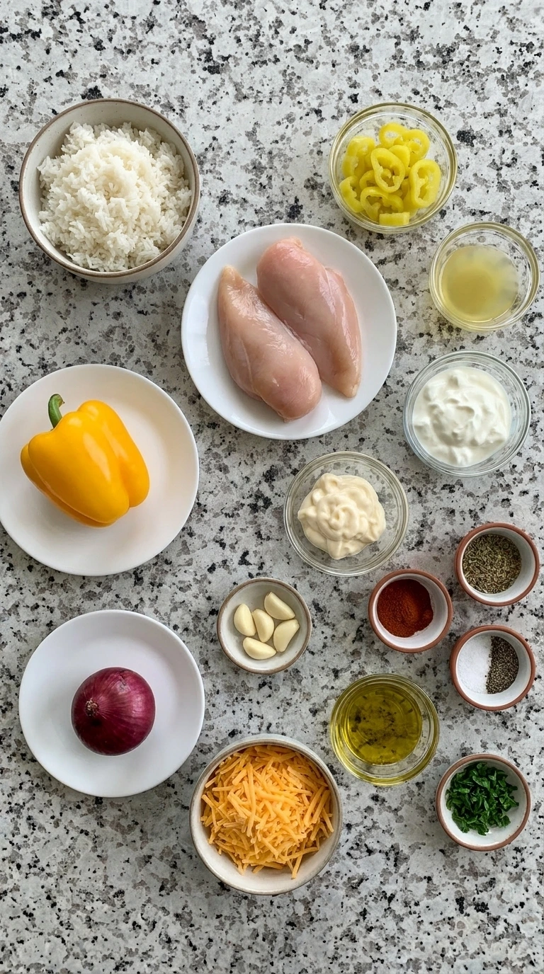 Ingredients for Banana Pepper Rice Bowls arranged in separate small containers
