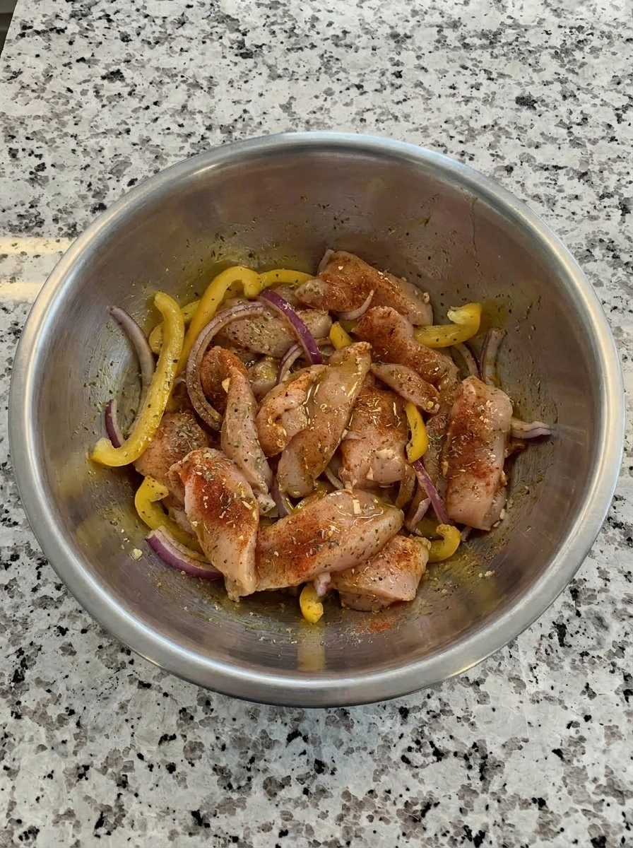 Seasoned chicken and vegetables for Banana Pepper Rice Bowls