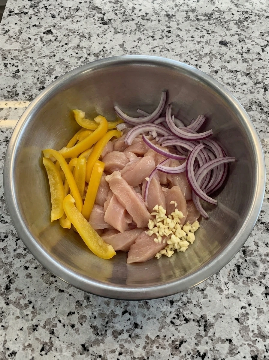 Sliced chicken bell pepper and onion for Banana Pepper Rice Bowls