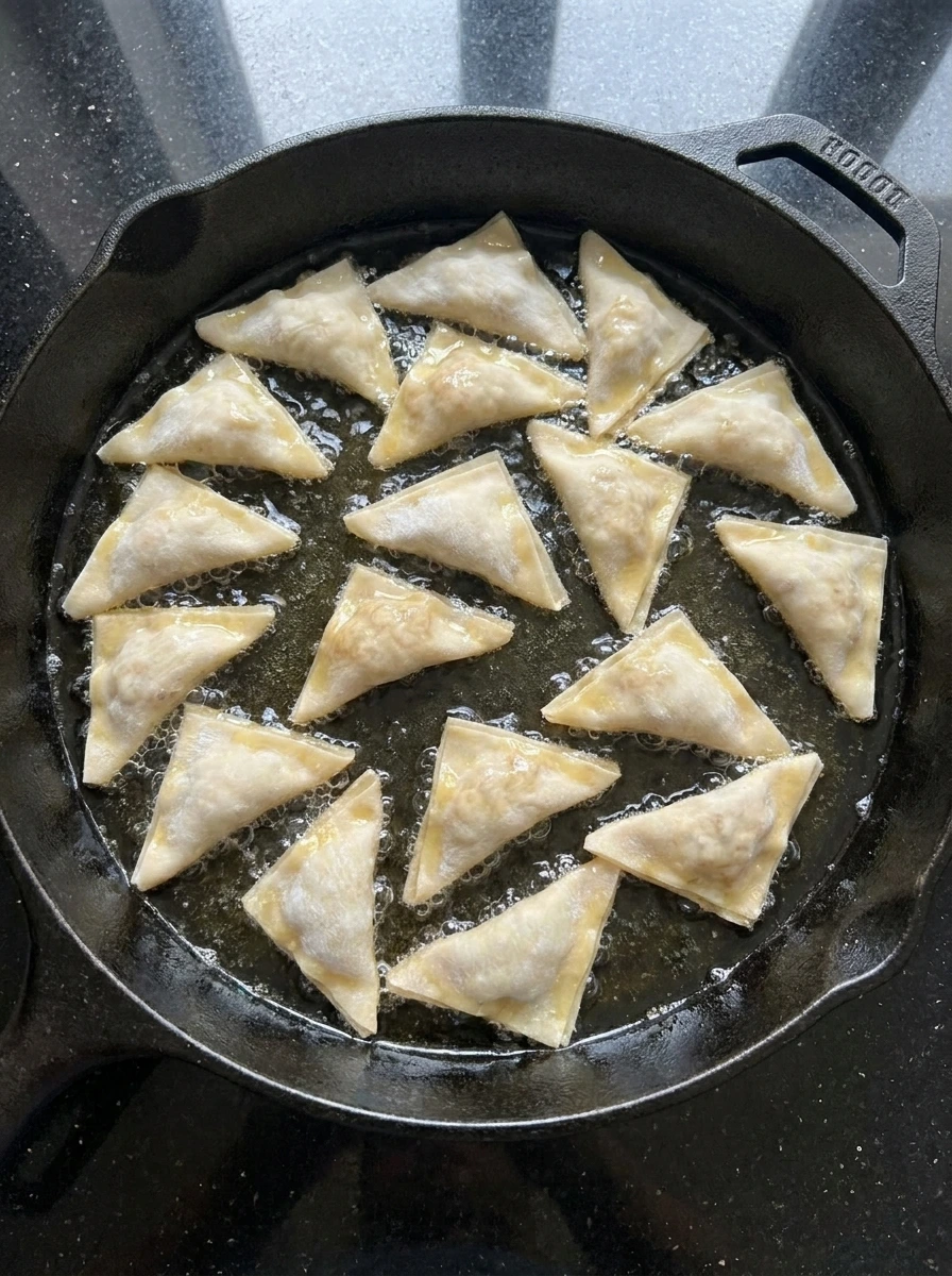 Banana Wonton Bites frying on the first side