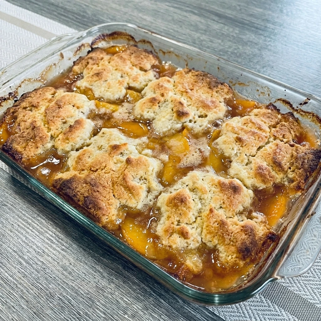 Best Ever Peach Cobbler with golden topping and bubbling peaches