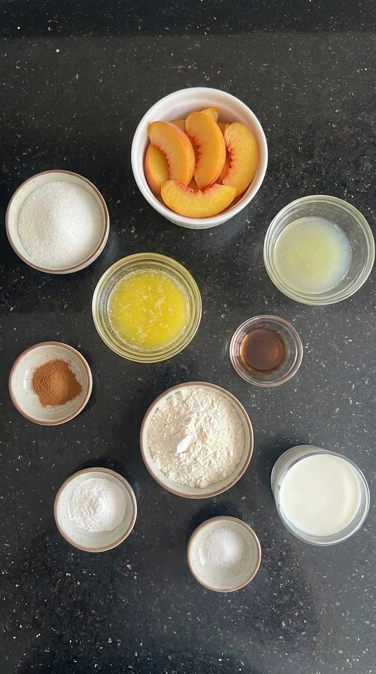 Ingredients for Best Ever Peach Cobbler in separate small containers