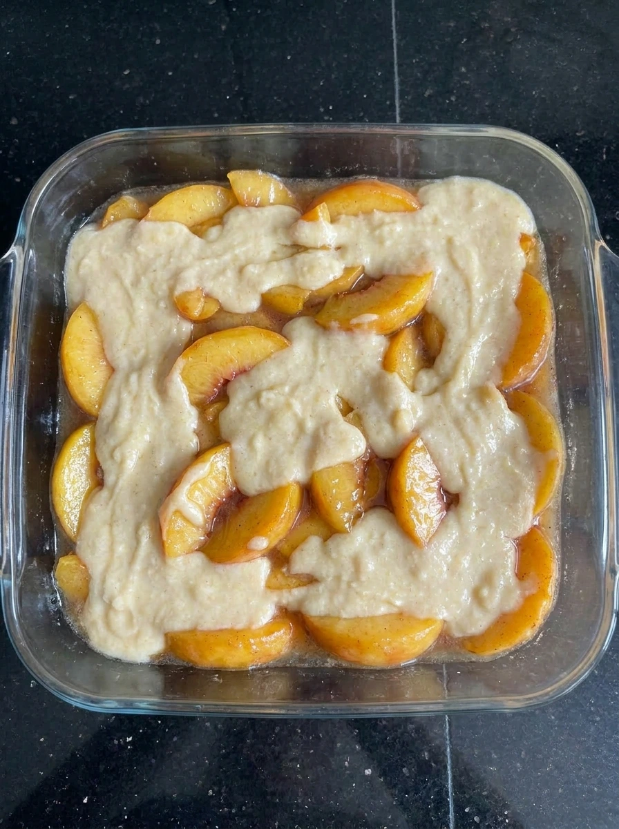 Peaches and batter layered for Best Ever Peach Cobbler