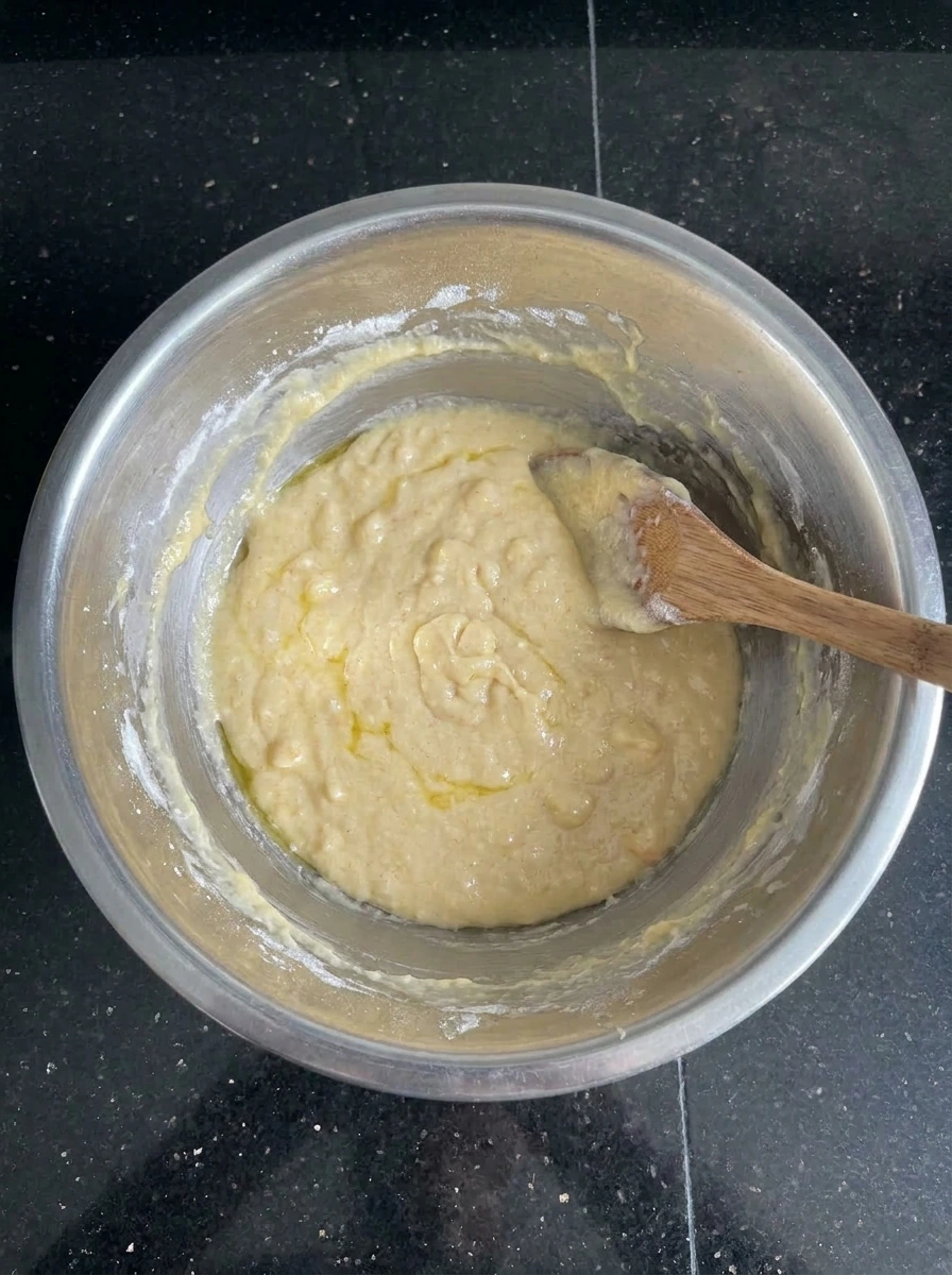 Cobbler batter mixed for Best Ever Peach Cobbler