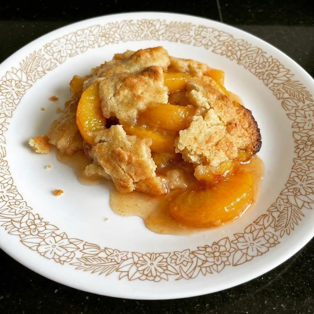 Warm serving of Best Ever Peach Cobbler on a white plate
