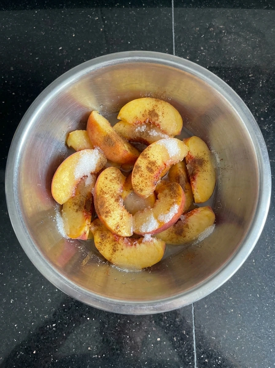 Peaches tossed with sugar and cinnamon for Best Ever Peach Cobbler