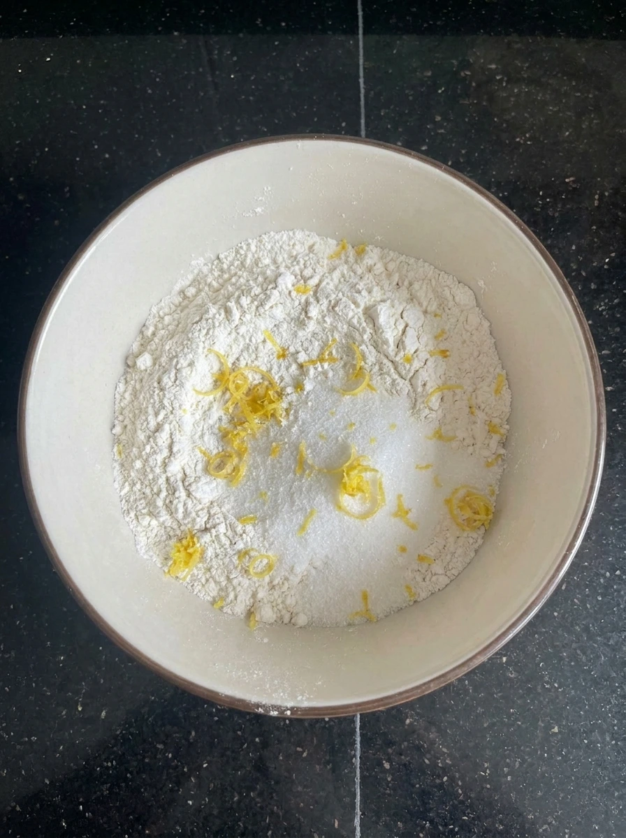 Dry mixture for Blueberry Lemon Bread with lemon zest