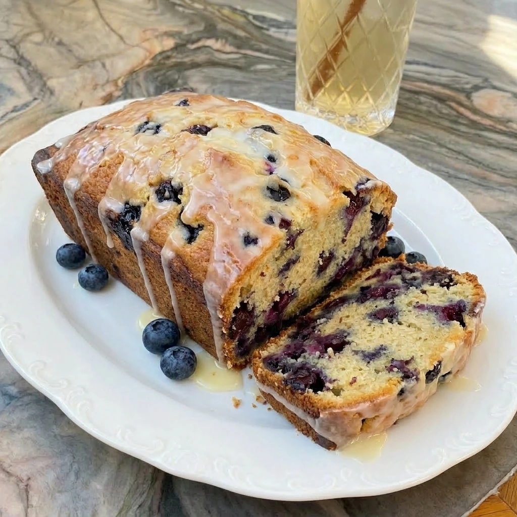 Blueberry Lemon Bread with lemon glaze and visible blueberries