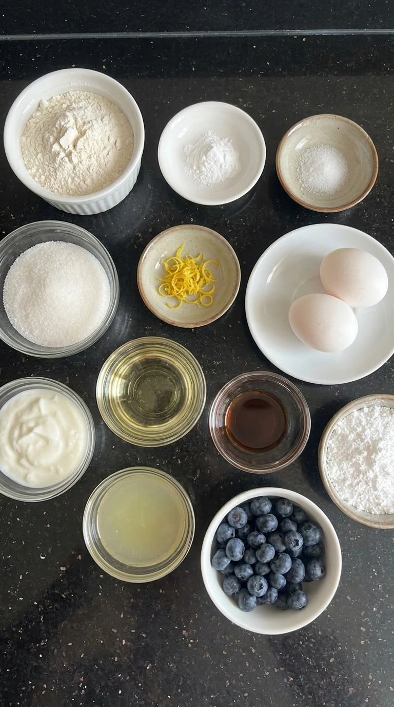 Ingredients for Blueberry Lemon Bread in separate bowls