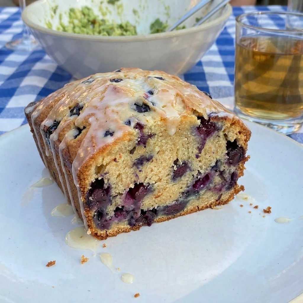 Sliced Blueberry Lemon Bread with lemon glaze