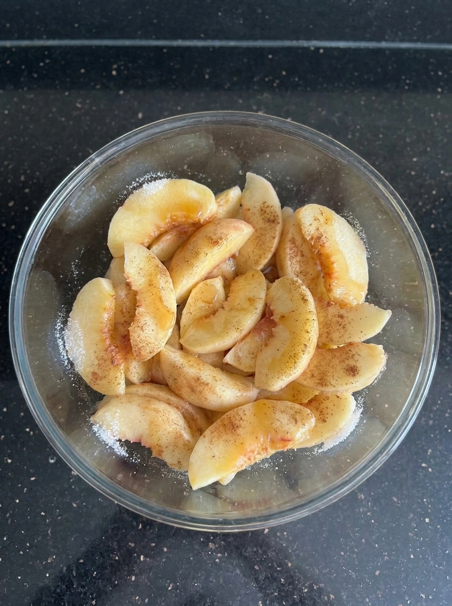 Sliced peaches coated for Buttery Peach Crisp