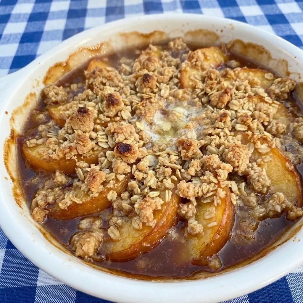 Buttery Peach Crisp with golden oat topping and soft baked peaches
